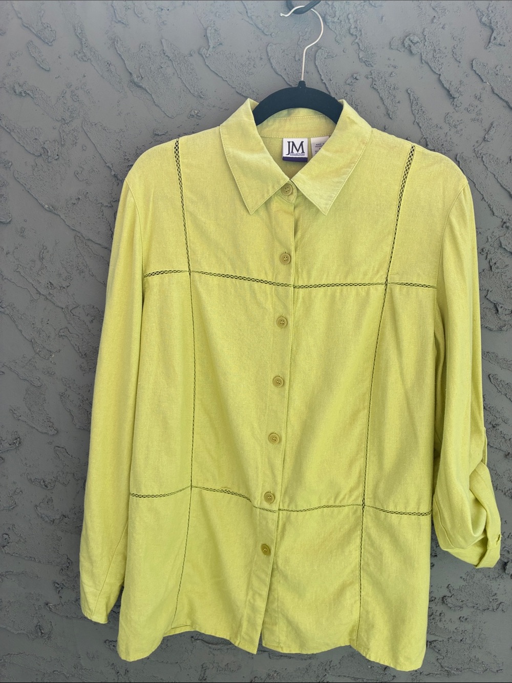 JM Collection Lime Green Linen-Blend Collared Long Sleeve Button Sleeve 3/4 M